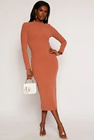 Womens Ribbed Mock Neck Long Sleeve Midi Dress, Brown, Size S