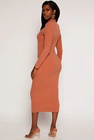 Womens Ribbed Mock Neck Long Sleeve Midi Dress, Brown, Size S