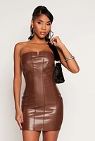 Womens Iris Faux Leather Notch Neck Tube Dress, Brown, Size M