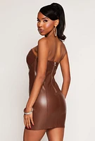 Womens Iris Faux Leather Notch Neck Tube Dress, Brown, Size S