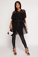 Womens Mesh Tiered Zip Front Blouse, Black, Size L