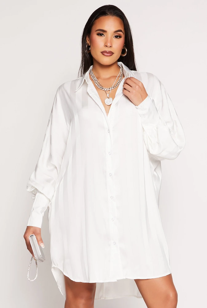 Womens Shadow Stripe Button Front Shirt Dress, White, Size M