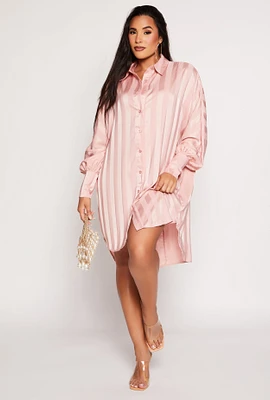 Womens Shadow Stripe Button Front Shirt Dress, Pink, Size L