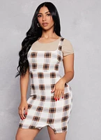 Womens Almost Famous Plaid Tank Dress with Tee, White, Size S