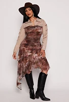 Womens Almost Famous Printed Mesh Asymmetrical Dress, Brown, Size S