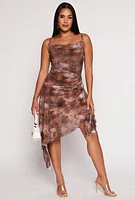 Womens Almost Famous Printed Mesh Asymmetrical Dress, Brown, Size S