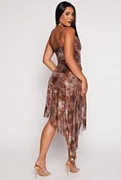 Womens Almost Famous Printed Mesh Asymmetrical Dress, Brown, Size S