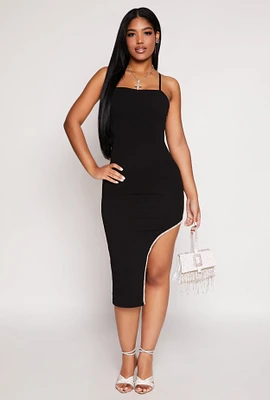 Womens Rhinestone Trim Asymmetrical Bodycon Dress, Black, Size L