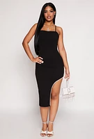 Womens Rhinestone Trim Asymmetrical Bodycon Dress, L