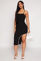 Womens Rhinestone Trim Asymmetrical Bodycon Dress, L