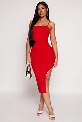 Womens Rhinestone Trim Asymmetrical Bodycon Dress, Red, Size L