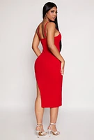 Womens Rhinestone Trim Asymmetrical Bodycon Dress, Red, Size L