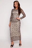 Womens Almost Famous Mesh Printed Long Sleeve Maxi Dress, Brown, Size S