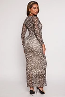 Womens Almost Famous Mesh Printed Long Sleeve Maxi Dress, Brown, Size S