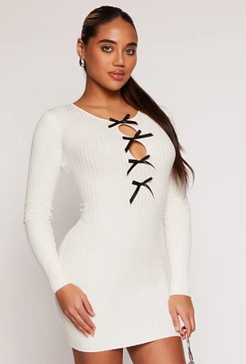 Womens Cut Out Bow Sweater Dress, White, Size L
