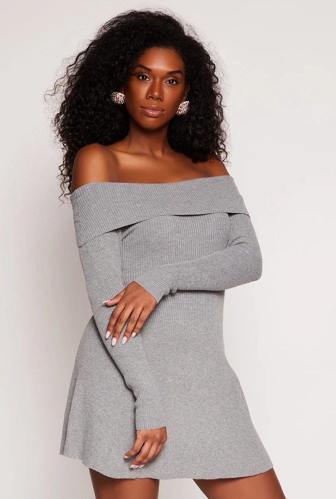 Womens Ribbed Knit Off The Shoulder Dress, Grey, Size L