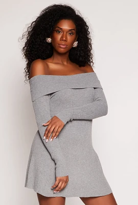 Womens Ribbed Knit Off The Shoulder Dress, Grey, Size L