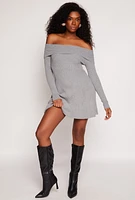 Womens Ribbed Knit Off The Shoulder Dress, Grey, Size L