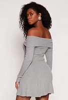 Womens Ribbed Knit Off The Shoulder Dress, Grey, Size L