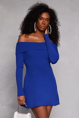 Womens Ribbed Knit Off The Shoulder Dress, Blue, Size L