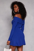 Womens Ribbed Knit Off The Shoulder Dress, Blue, Size L