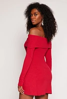 Womens Ribbed Knit Off The Shoulder Dress, Red, Size L