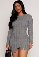 Womens Distressed Hem Mini Sweater Dress, Grey, Size M