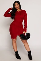 Womens Distressed Hem Mini Sweater Dress, Red, Size L