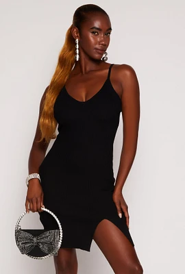 Womens Ribbed Knit Side Slit Cami Dress, Black, Size L
