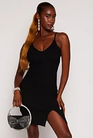 Womens Ribbed Knit Side Slit Cami Dress, Black, Size M