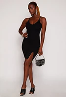 Womens Ribbed Knit Side Slit Cami Dress, Black, Size M