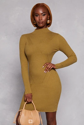 Womens Mock Neck Long Sleeve Sweater Dress, Green, Size S