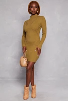 Womens Mock Neck Long Sleeve Sweater Dress, Green, Size S