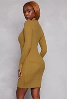 Womens Mock Neck Long Sleeve Sweater Dress, Green, Size S