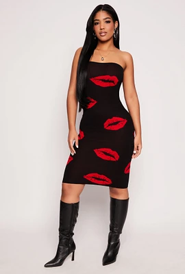 Womens Lip Print Midi Tube Dress, M