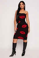 Womens Lip Print Midi Tube Dress, M