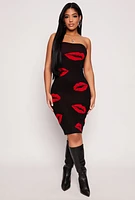 Womens Lip Print Midi Tube Dress, M