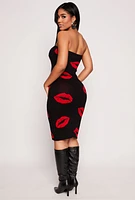 Womens Lip Print Midi Tube Dress, M