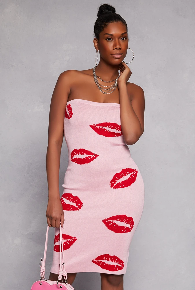 Womens Lip Print Midi Tube Dress, Pink, Size M