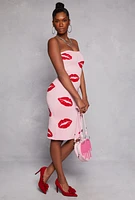 Womens Lip Print Midi Tube Dress, Pink, Size M