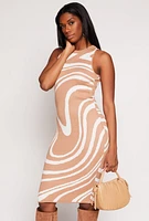 Womens Almost Famous Swirl Print Lace Up Back Midi Dress, Beige,