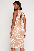 Womens Almost Famous Swirl Print Lace Up Back Midi Dress, Beige,