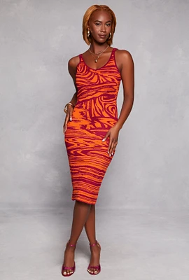 Womens Abstract Print Tank Midi Dress, Orange, Size S