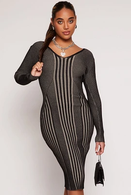 Womens Almost Famous Ribbed Knit Shadow Stripe Midi Sweater Dress, Black, Size S