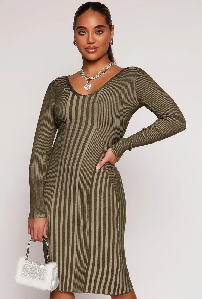 Womens Almost Famous Ribbed Knit Shadow Stripe Midi Sweater Dress, Green, Size M