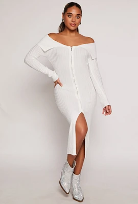 Womens Almost Famous Zip Off the Shoulder Sweater Dress, White, Size L
