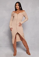 Womens Almost Famous Zip Off the Shoulder Sweater Dress, Beige, Size M