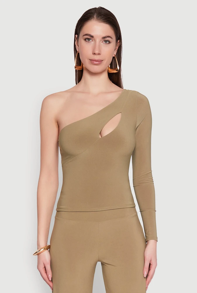 Womens Asymmetrical Cut Out One Shoulder Top, Green, Size L