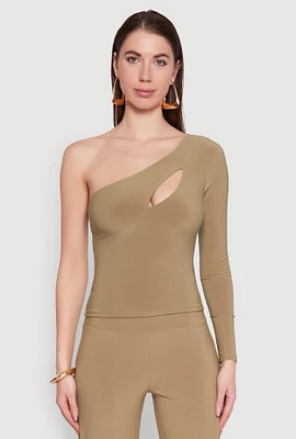 Womens Asymmetrical Cut Out One Shoulder Top, Green, Size L