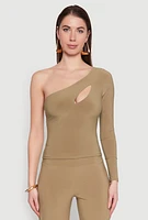 Womens Asymmetrical Cut Out One Shoulder Top, Green, Size L